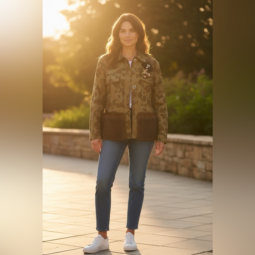 💚🤎NWOT ZARA Camouflage Jacket With Faux Bottom Faux Fur Size M🤎💚